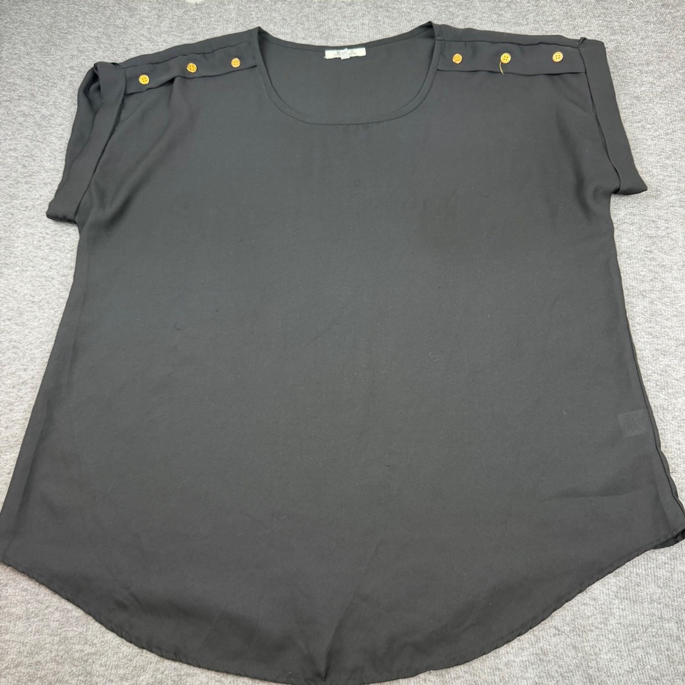 MPH Collection Blouse Women 2X Black Gold‎ Button Shoulder Scoop Neck Cuffed